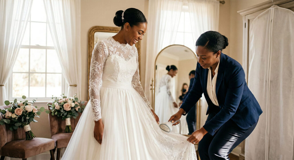 Maid helping a Bride with Steaming the Wedding Dress
